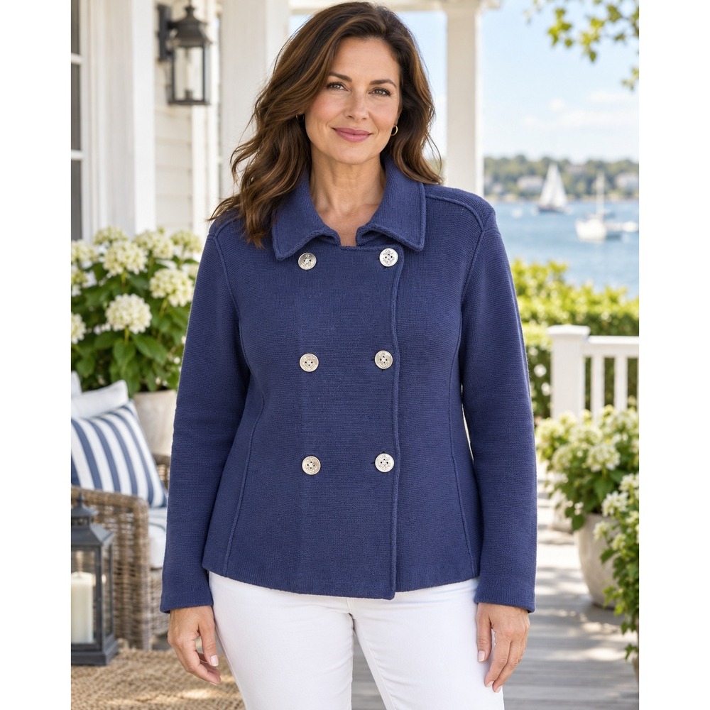 Lauren Ralph Lauren XL Navy Cotton Knit Peacoat Nautical Anchor Button Jacket